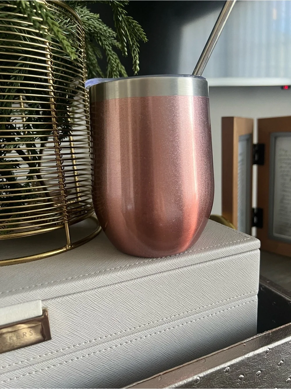 Insulated Rose Gold Tumbler with Straw and Motivational Script
